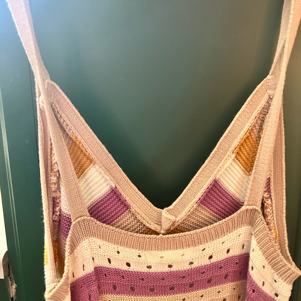 ULTRA FLIRT Striped Knit Crochet Dress in Purple, Tan, Yellow, and Cream - Picture 6 of 8